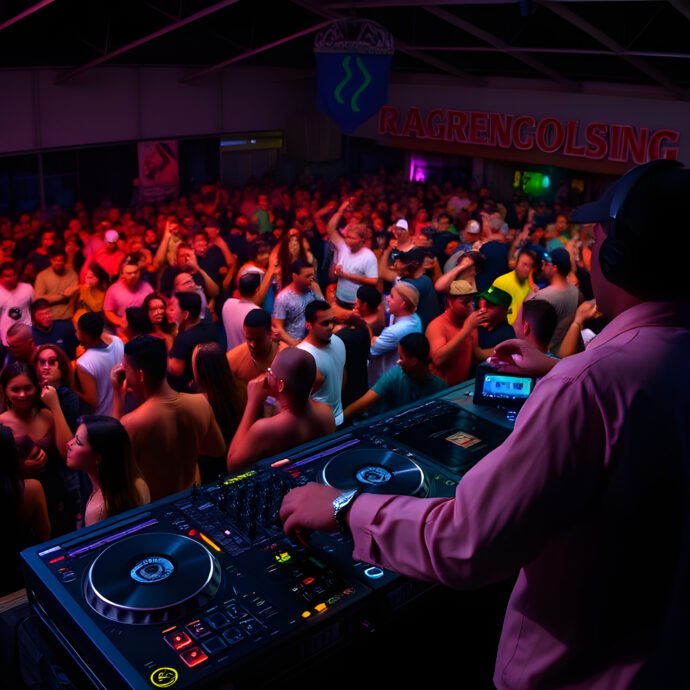 Listen to reggae and urban music at Cat Radio A DJ wearing headphones stands at a booth, overlooking a lively, crowded dance floor. The room is vibrant with colorful lights and energetic dancers enjoying the music. The backdrop displays a sign with partial text. Cat Radio UK the number radio station