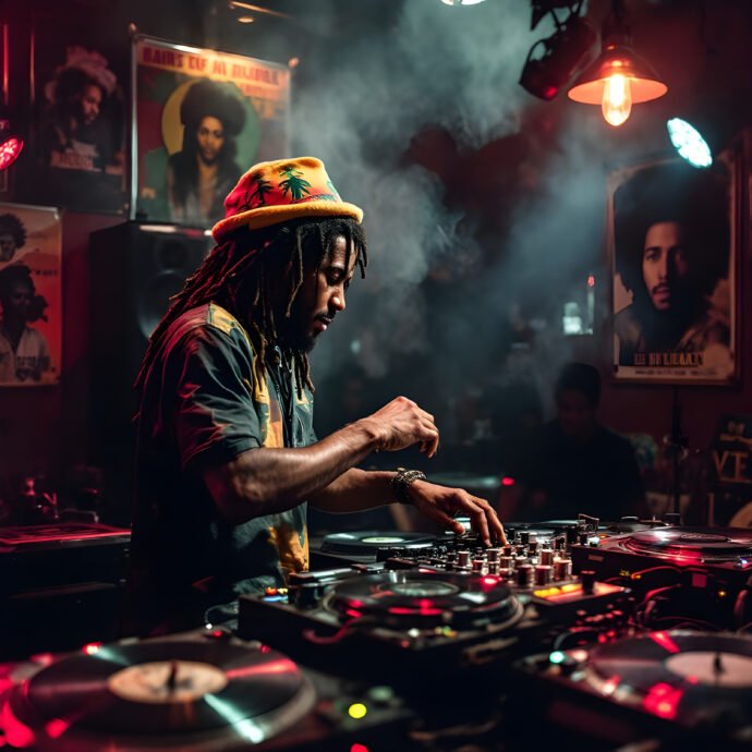 Listen to reggae and urban music at Cat Radio A DJ with dreadlocks wearing a colorful beanie is mixing records in a dimly lit room with posters of musicians on the walls. Red and blue lights create an atmospheric setting as he focuses on the turntables. Cat Radio UK the number radio station