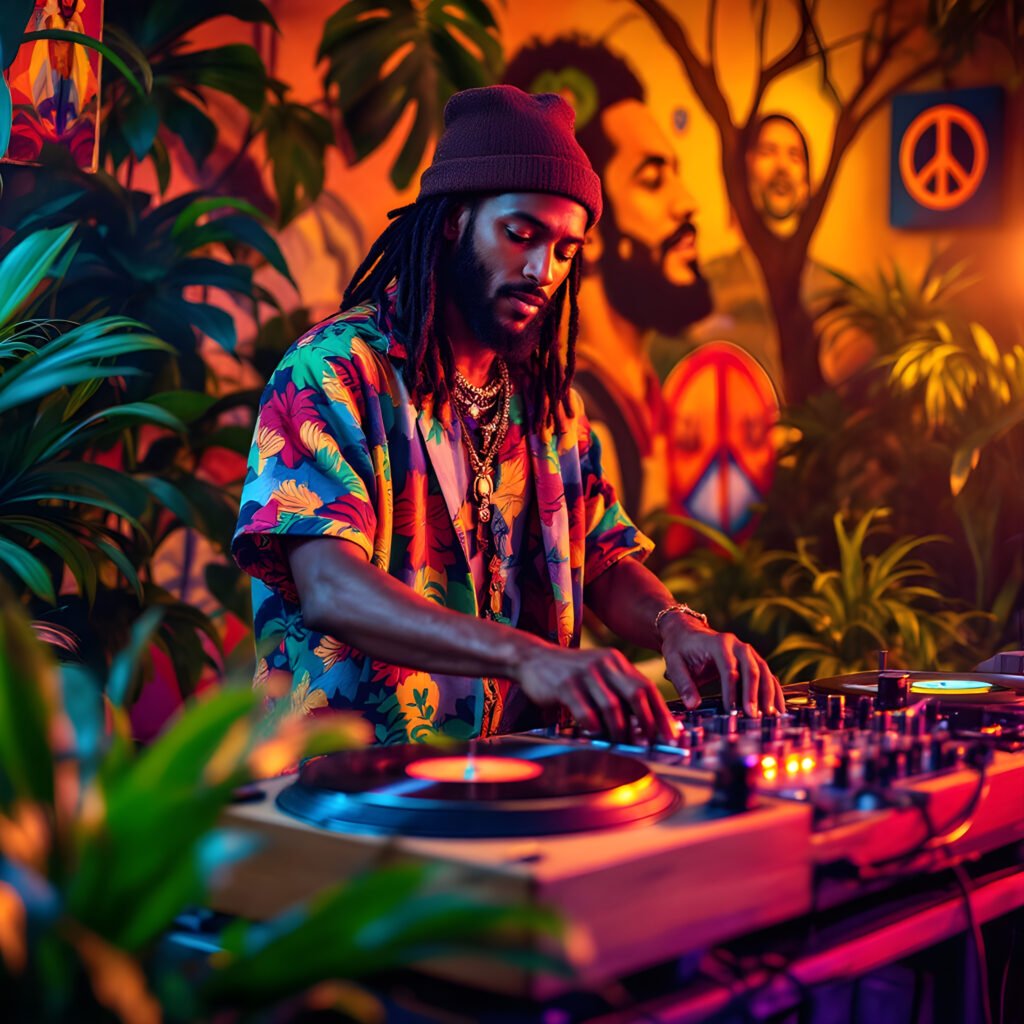 Listen to reggae and urban music at Cat Radio A DJ in a tropical shirt and beanie mixes music on turntables surrounded by lush plants. The room is colorful with peace signs and a portrait on the wall, creating a lively, reggae-inspired atmosphere. Cat Radio UK the number radio station