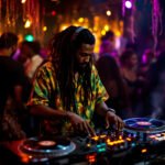 Listen to reggae and urban music at Cat Radio A DJ with dreadlocks and a colorful tropical shirt mixes music on turntables at a lively, dimly-lit club. Neon lights and a crowded dance floor create a vibrant atmosphere. Cat Radio UK the number radio station