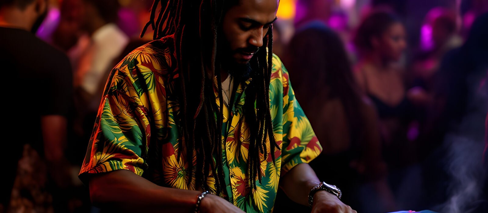 Listen to reggae and urban music at Cat Radio A DJ with dreadlocks and a colorful tropical shirt mixes music on turntables at a lively, dimly-lit club. Neon lights and a crowded dance floor create a vibrant atmosphere. Cat Radio UK the number radio station