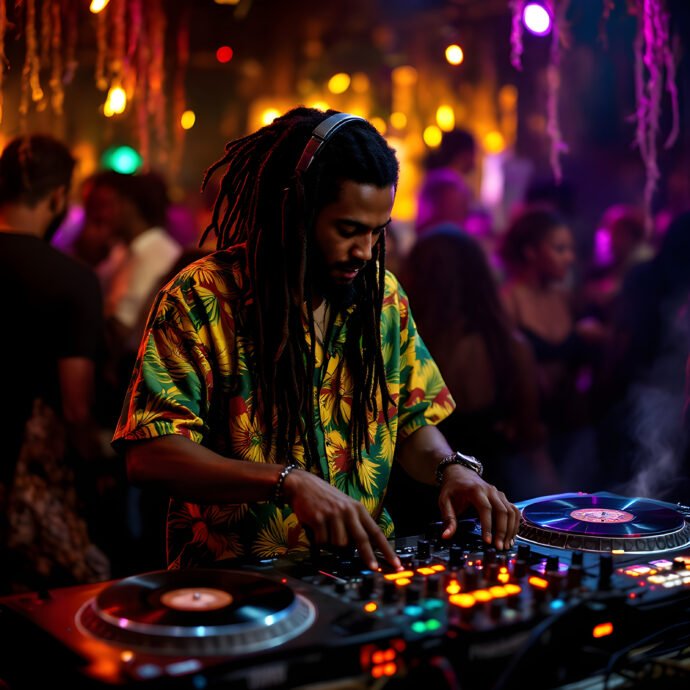 Listen to reggae and urban music at Cat Radio A DJ with dreadlocks and a colorful tropical shirt mixes music on turntables at a lively, dimly-lit club. Neon lights and a crowded dance floor create a vibrant atmosphere. Cat Radio UK the number radio station