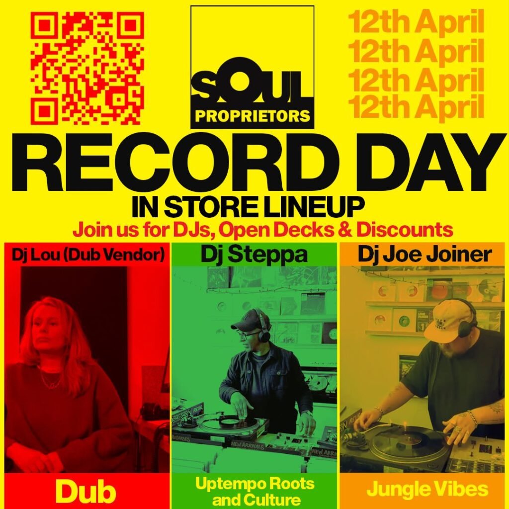 Listen to reggae and urban music at Cat Radio Promotional poster for Record Day at "Soul Proprietors" on 12th April. Features DJs Lou, Steppa, and Joe Joiner representing Dub, Uptempo Roots and Culture, and Jungle Vibes. Includes a QR code and details about DJs, open decks, and discounts. Cat Radio UK the number radio station